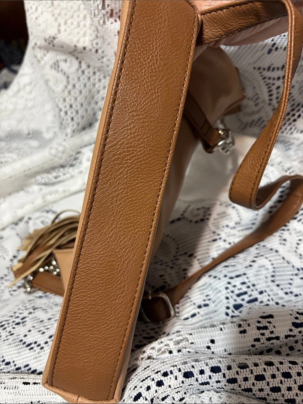 Nine West Tan Faux Leather Tassel Shoulder Bag with Chain Accent